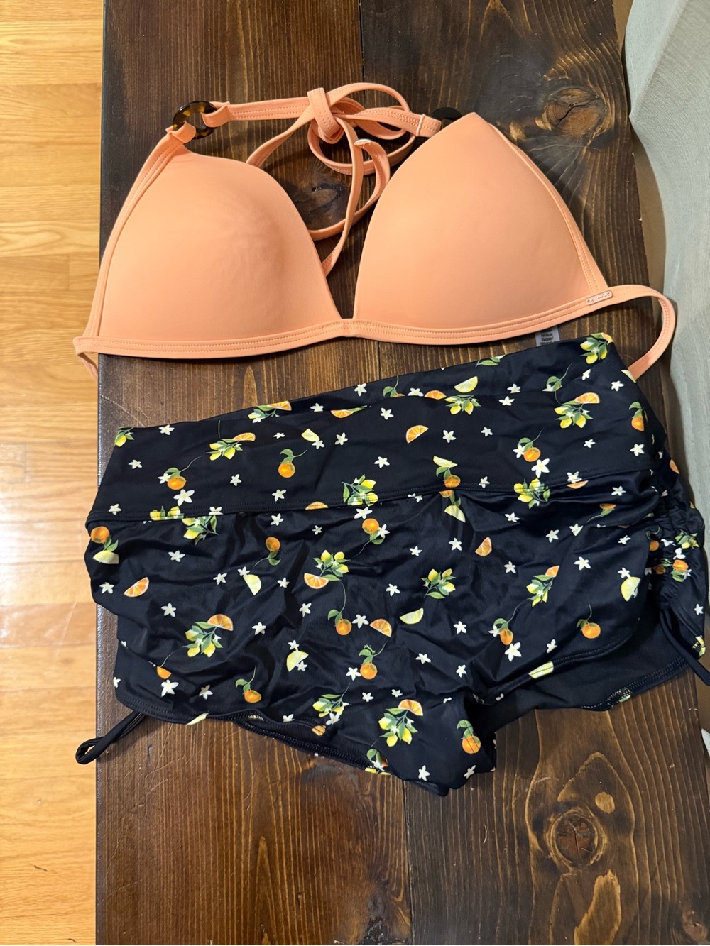 Victoria's Secret Peach Halter Bikini Top with Black Citrus Print Swim Shorts